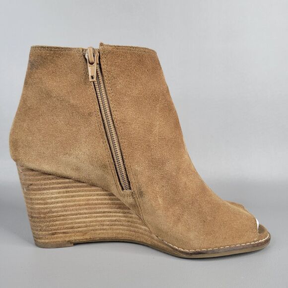 Lucky Brand Jaevin Suede Leather Side Zip Lace Peep Toe Wedge Heel Bootie 8.5 - Picture 2 of 12